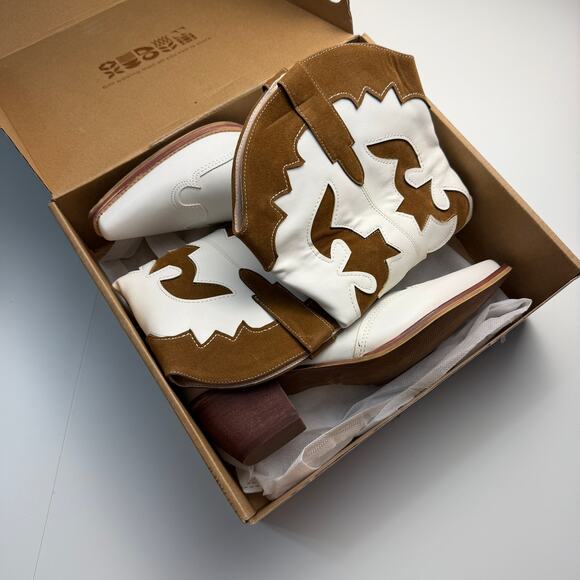 Women White Patchwork Cowboy Boots Wide Calf Western Cowgirl Mid Calf - Picture 2 of 11